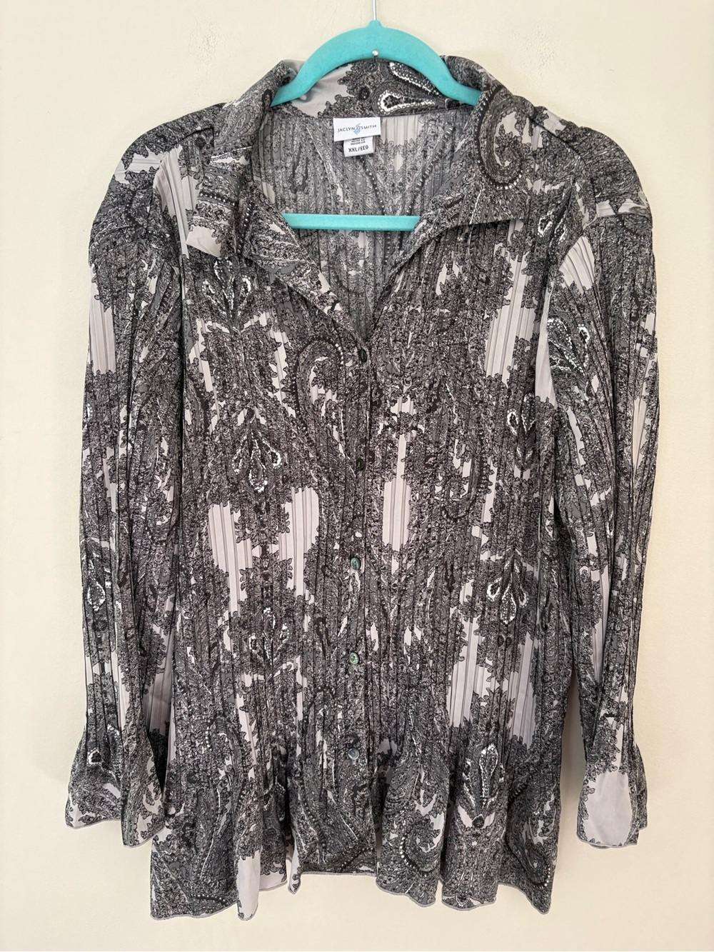 Jaclyn Smith Womens Plus  Gray Paisley Pleated Satin Poly Bell Sleeve Top Sz 2x